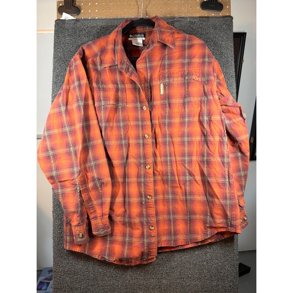Columbia Button Down Shirt Mens L Orange Plaid Long Sleeve Outdoor Pockets